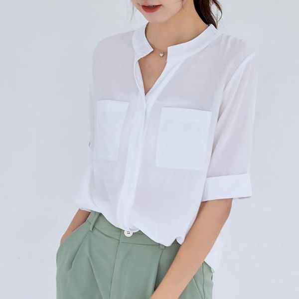 women's blouses & shirts women shirt fashion pocket solid female casual stand collar short sleeve elegant blouse blusas mujer de moda 2, White
women's blouses & shirts women shirt fashion pocket solid female casual stand collar short sleeve elegant blouse blusas mujer de moda 2, White