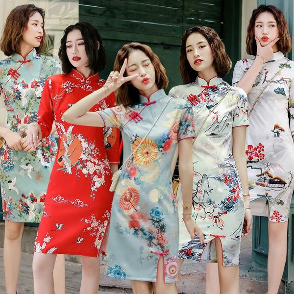 ethnic clothing women's chinese style print cheongsam split front modern qipao dress above knee, Red
ethnic clothing women's chinese style print cheongsam split front modern qipao dress above knee, Red