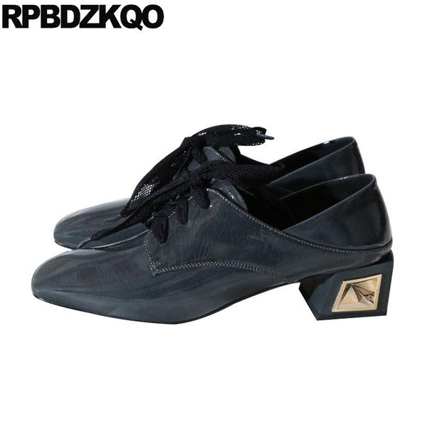 dress shoes pumps lace up designer women square toe autumn block mules slipper fashion thick blue genuine leather patent, Black
