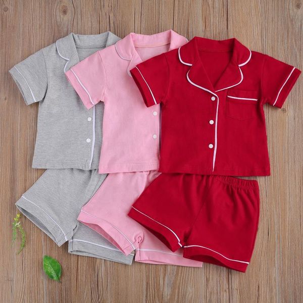 little boy and girl's 2-piece pajama suit, children's solid color short sleeve button short pants suits, White
little boy and girl's 2-piece pajama suit, children's solid color short sleeve button short pants suits, White