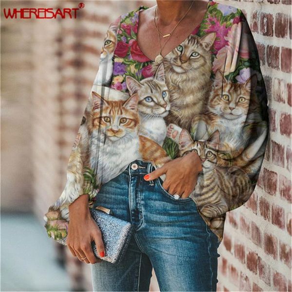 whereisart women casual long sleeve lantern blouse cute pets cat printed femme plus size v-neck chiffon blouse summer shirt, White
whereisart women casual long sleeve lantern blouse cute pets cat printed femme plus size v-neck chiffon blouse summer shirt, White