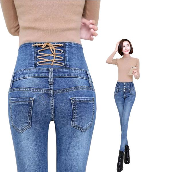 

high-waisted women's waistline new slim elastic thin abdomen tight korean single-breasted pencil-slacks like syzj, Blue