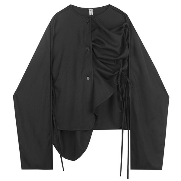 men's casual shirts men folding irregular ribbon stitching long sleeve black shirt trend fashion stage large loose clothing, White;black
men's casual shirts men folding irregular ribbon stitching long sleeve black shirt trend fashion stage large loose clothing, White;black
