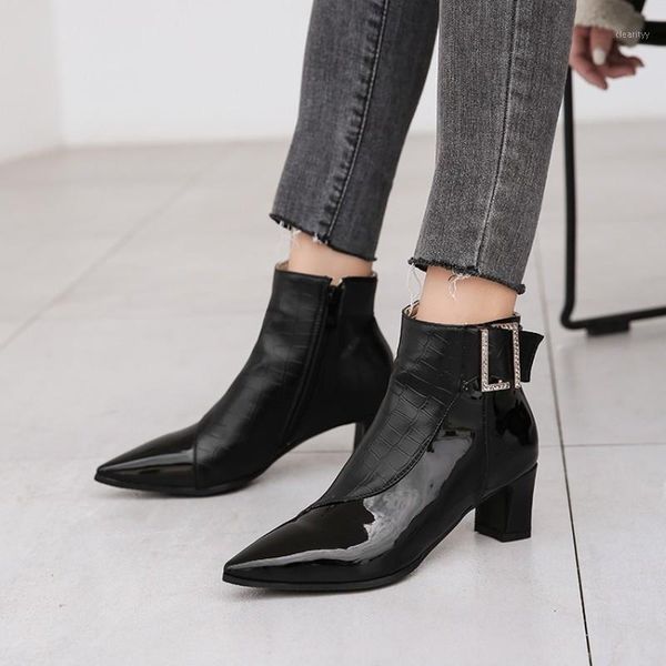 boots pointed toe patchwork single ankle small big size square high heel buckle women patent leather pumps shoes1, Black
boots pointed toe patchwork single ankle small big size square high heel buckle women patent leather pumps shoes1, Black