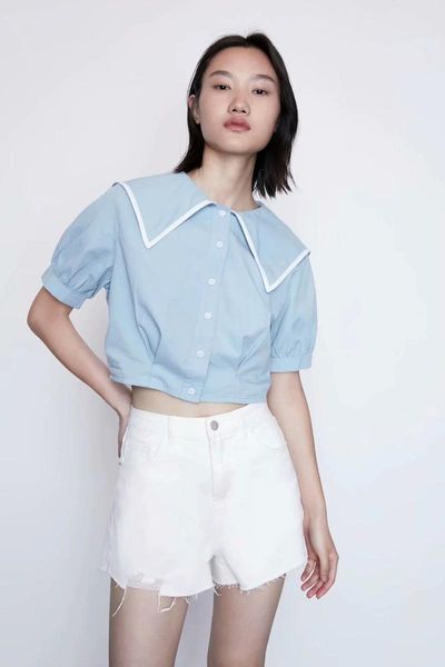 women's blouses & shirts 2021 summer blue cotton short shirt zaraing-style women sheining vadiming female blouse lfd9722, White
women's blouses & shirts 2021 summer blue cotton short shirt zaraing-style women sheining vadiming female blouse lfd9722, White