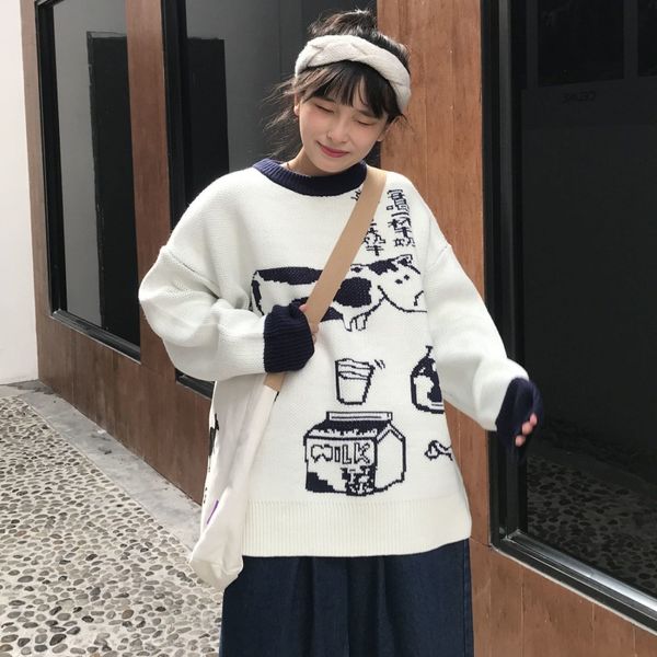 women's sweaters female sweater with round collar, loose pullover for students and women winter 403z, White;black
women's sweaters female sweater with round collar, loose pullover for students and women winter 403z, White;black