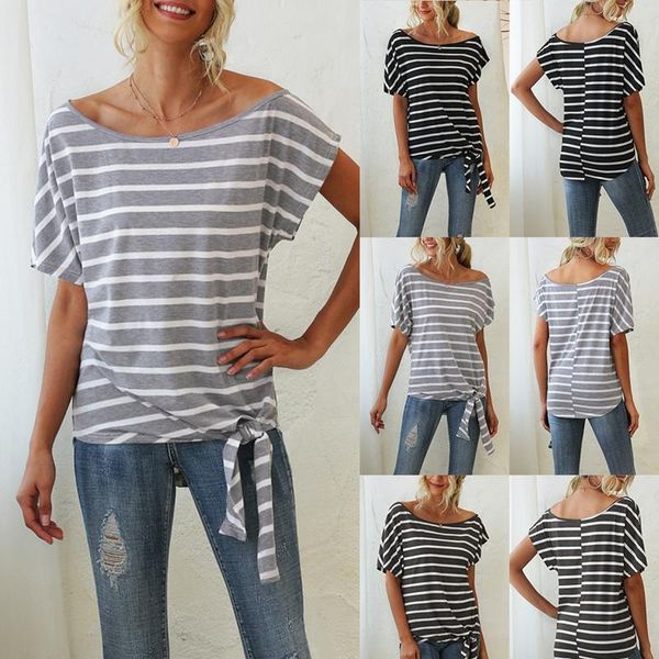 women's t-shirt women oblique collar striped print knotted short sleeve loose, White
women's t-shirt women oblique collar striped print knotted short sleeve loose, White