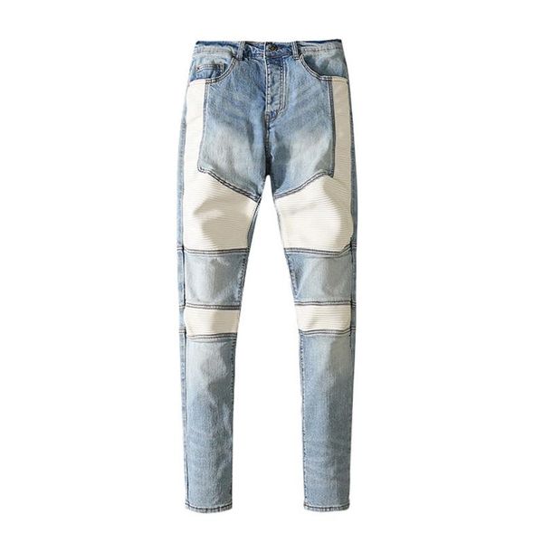 men's jeans high street leather patches men hip hop motorcycle whiter patchwork denim trousers washed streetwear pencil pants, Blue
men's jeans high street leather patches men hip hop motorcycle whiter patchwork denim trousers washed streetwear pencil pants, Blue