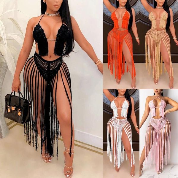 women's swimwear women hand-woven swimsuit set knitted crochet summer beach dress tassel bathing suit, White;black
women's swimwear women hand-woven swimsuit set knitted crochet summer beach dress tassel bathing suit, White;black