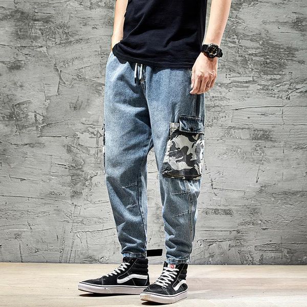 trendy men more pockets elastic waist loose jeans camouflage splicing men's leisure trousers beam, Blue
trendy men more pockets elastic waist loose jeans camouflage splicing men's leisure trousers beam, Blue