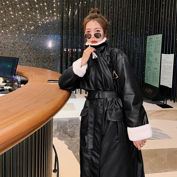 women's leather & faux hstar 2021 winter women fur windproof thick warm pu belt parkas long coats jackets leisure streetwear, Black