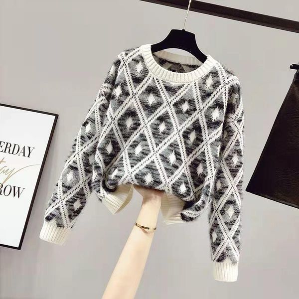 women's sweaters spring and autumn 2021 women loose diamond plaid pullover sweater fashion casual round neck long sleeve knitted top, White;black
women's sweaters spring and autumn 2021 women loose diamond plaid pullover sweater fashion casual round neck long sleeve knitted top, White;black
