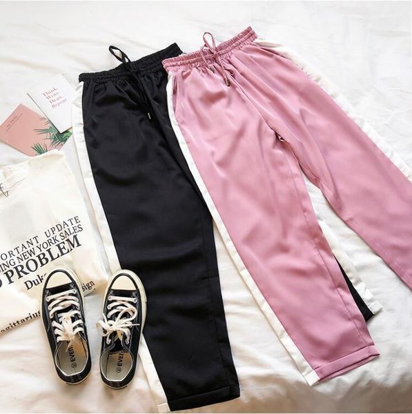 women's pants & capris summer comfortable satin elastic waist contrast casual cropped trousers, Black;white
women's pants & capris summer comfortable satin elastic waist contrast casual cropped trousers, Black;white