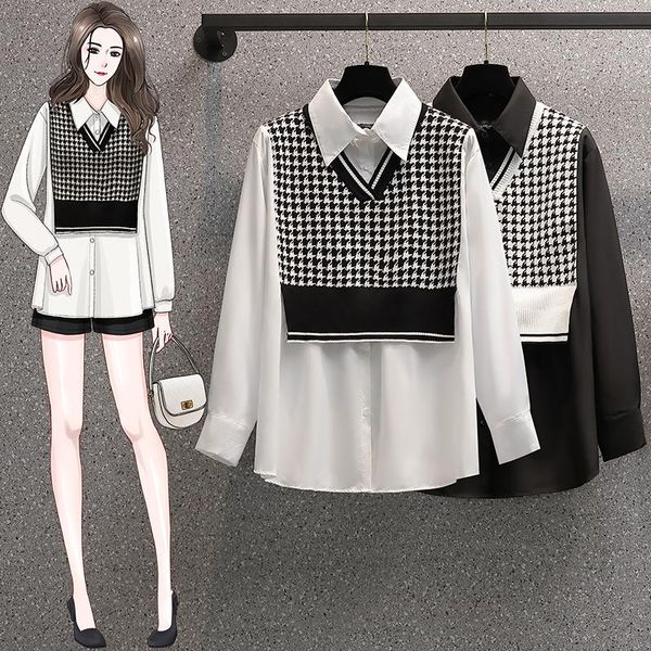 women's sweaters alphalmoda houndstooth knitted shirt patchwork fake 2pcs set women casual autumn outfit ladies black white fashion top, White;black
women's sweaters alphalmoda houndstooth knitted shirt patchwork fake 2pcs set women casual autumn outfit ladies black white fashion top, White;black