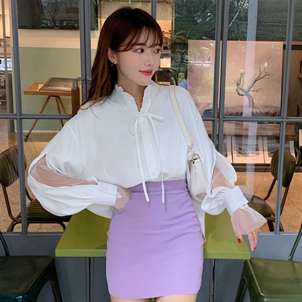 2021 new korean japanese blouse spring summer fashion temperament casual lace splicing bandage half high collar long sleeve kit6, White
2021 new korean japanese blouse spring summer fashion temperament casual lace splicing bandage half high collar long sleeve kit6, White