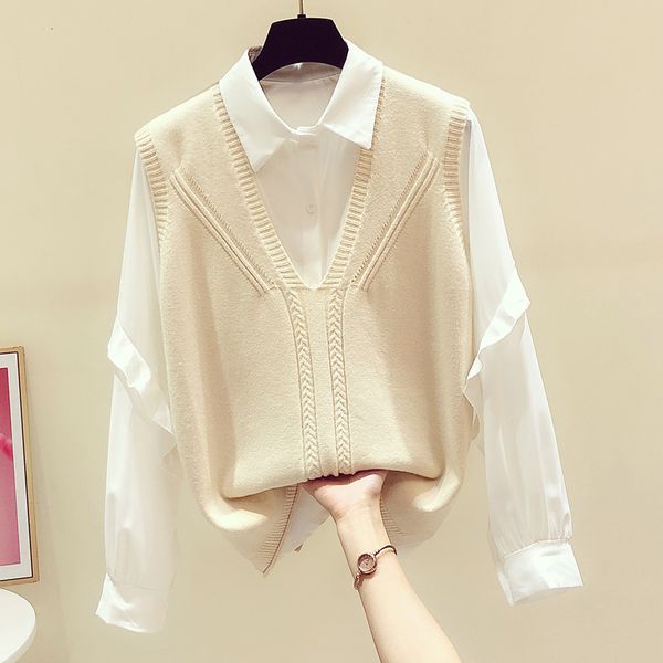 2021 new spring simple knitting vest long sleeves ruffled white shirt of two parts women's clothing 80ah, Black
2021 new spring simple knitting vest long sleeves ruffled white shirt of two parts women's clothing 80ah, Black