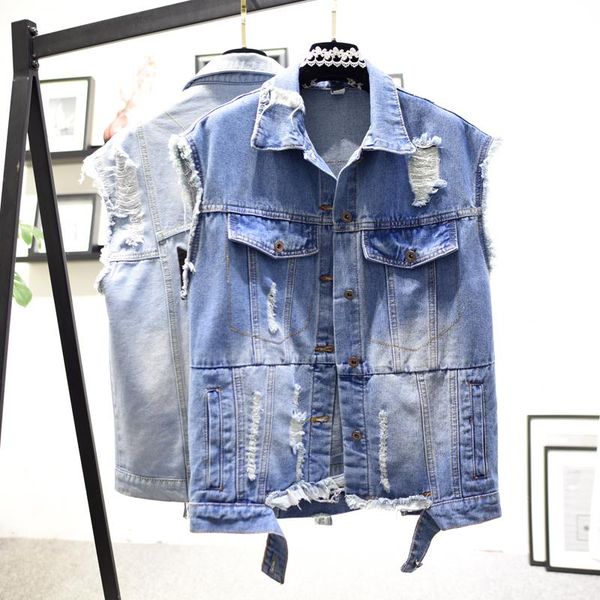 women's vests korean washed short denim vest women ripped hole letter embroidery loose sleeveless all match coats street waistcoat, Black;white
women's vests korean washed short denim vest women ripped hole letter embroidery loose sleeveless all match coats street waistcoat, Black;white