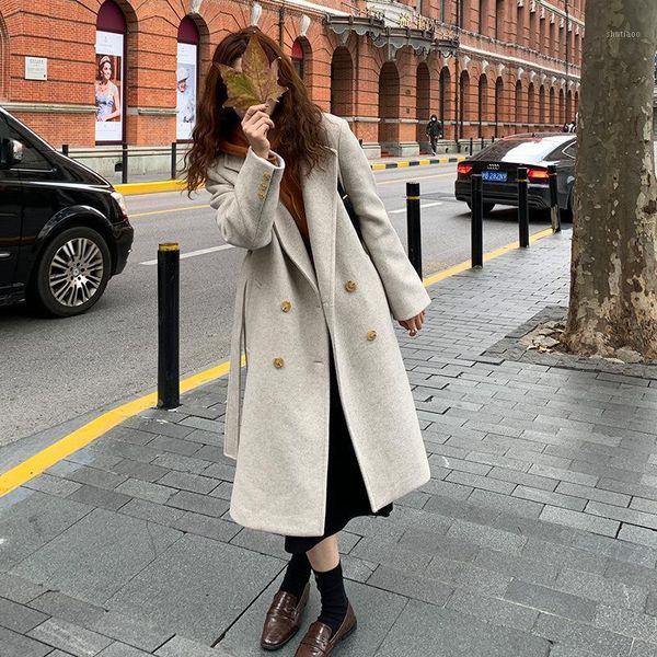 women's wool & blends korean winter long collar warm coat, Black