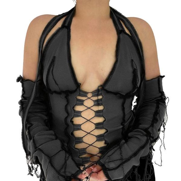 women's t-shirt y2k fashion hollow cropped lace-up patchwork neck-hanging clothes ruffle mittens summer autumn, White
women's t-shirt y2k fashion hollow cropped lace-up patchwork neck-hanging clothes ruffle mittens summer autumn, White