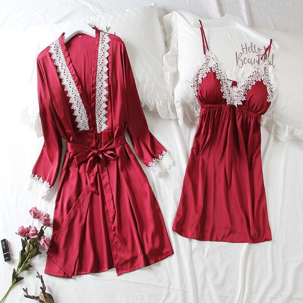 women's sleepwear lace trim robe set satin silky kimono gown women 2pcs nighty&robe female sleep home dressing, Black;red
women's sleepwear lace trim robe set satin silky kimono gown women 2pcs nighty&robe female sleep home dressing, Black;red