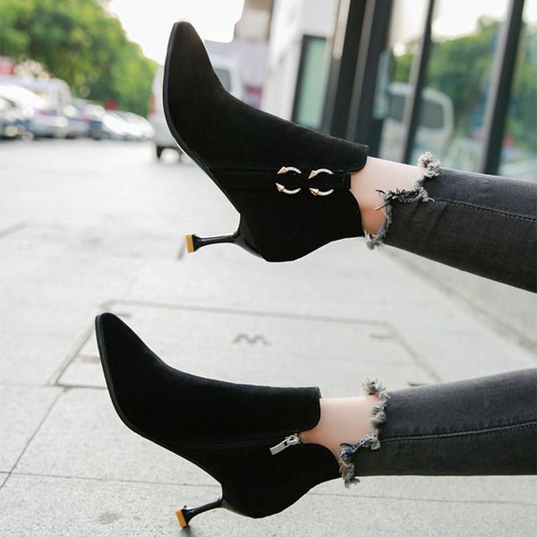 boots woman 7cm thin high heels pointed toe 2021 winter ankle for women solid flock zipper elegant rubble sole, Black
boots woman 7cm thin high heels pointed toe 2021 winter ankle for women solid flock zipper elegant rubble sole, Black