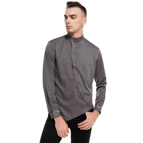 men's casual shirts long sleeve stand collar solid shirt streetwear autumn men blouse fashion irregular skew buttoned cardigan mens, White;black
men's casual shirts long sleeve stand collar solid shirt streetwear autumn men blouse fashion irregular skew buttoned cardigan mens, White;black
