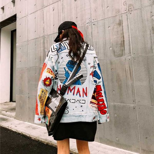 sexemara fashion the new letter printing loose hole denim jacket v191209, Black;brown