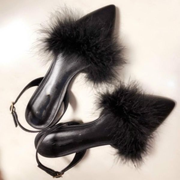 women's pointed toe flat buckle fluffy shoes cap slipper sandals1, Black
