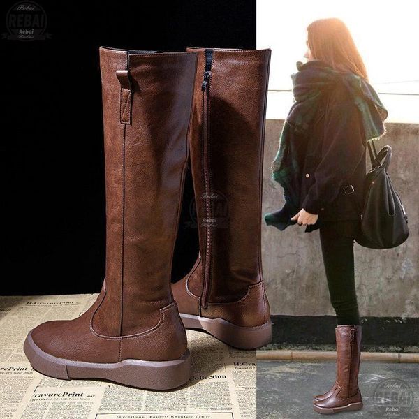 boots 2021 winter women side zipper round toe knee-high female shoes waterproof platform flat high buty damskie, Black