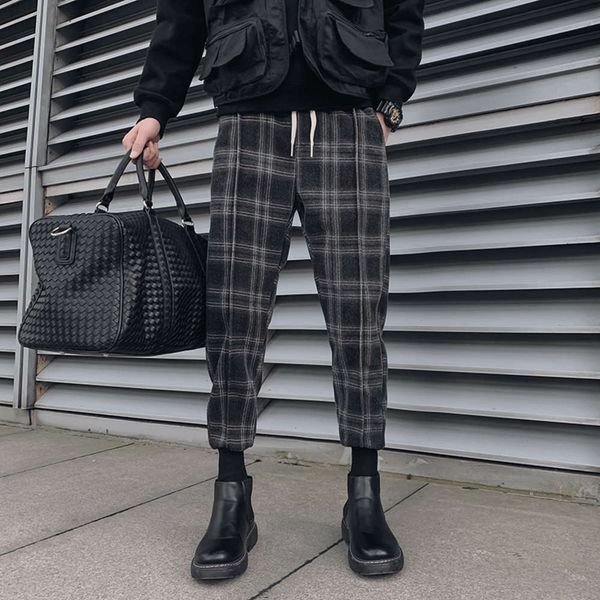 new style spring men's casual pants are versatile, small foot plaid trend lace up ruffian handsome harlan net red handsome fashionable, Blue