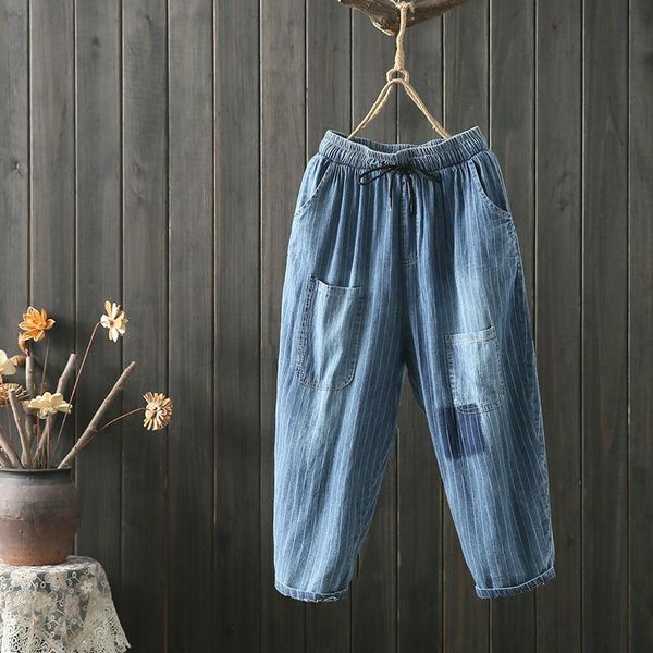 women's jeans johnature calf-length pants elastic waist loose harem casual pockets 2021 summer striped women, Blue
women's jeans johnature calf-length pants elastic waist loose harem casual pockets 2021 summer striped women, Blue