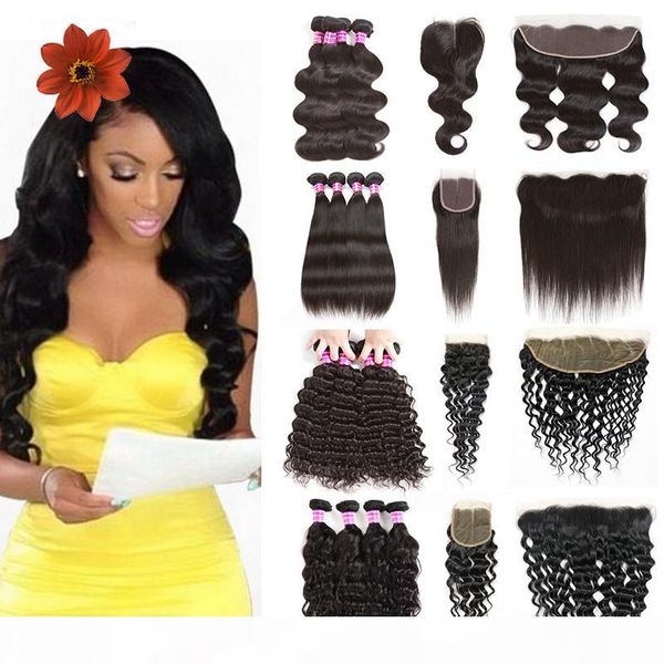 water wave deep wave brazilian kinky curly human hair 4 bundles with frontal straight body wave bundles with closure frontal lace hair, Black 
water wave deep wave brazilian kinky curly human hair 4 bundles with frontal straight body wave bundles with closure frontal lace hair, Black