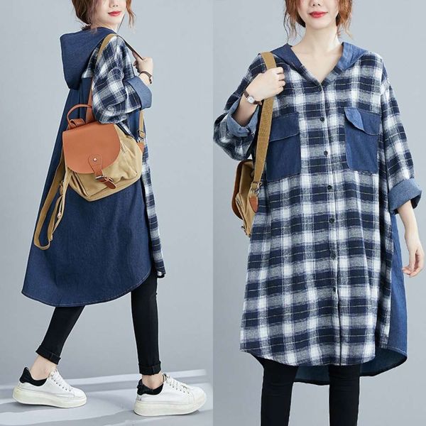 designer length new autumn hooded plaid stitching medium women's casual coat large thin denim windbreaker e, Black
designer length new autumn hooded plaid stitching medium women's casual coat large thin denim windbreaker e, Black