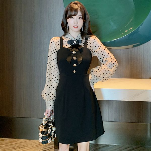 spring autumn fashion 2 pieces perspective dot shirt and strap mini a-line dress fresh elegant cute women sets gti4, Black
spring autumn fashion 2 pieces perspective dot shirt and strap mini a-line dress fresh elegant cute women sets gti4, Black