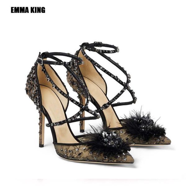 summer crystal high heel shoes women pointed toe lace cut outs feather decor ankle cross strap sandals party pumps 2021, Black
summer crystal high heel shoes women pointed toe lace cut outs feather decor ankle cross strap sandals party pumps 2021, Black