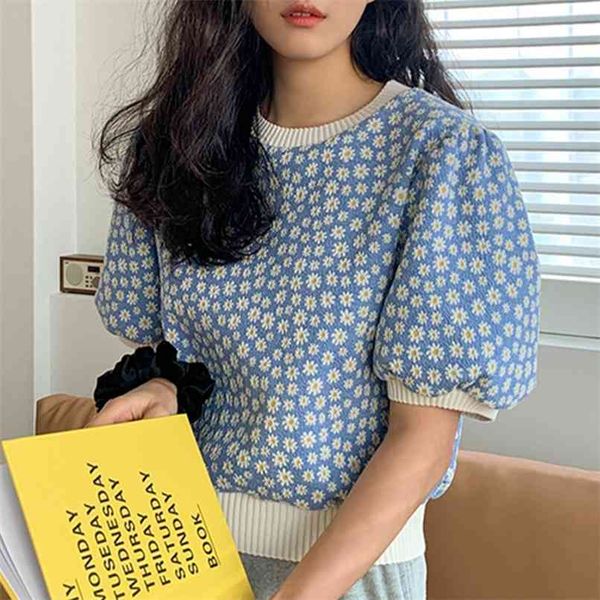 flower-colored knitted t-shirt round-neck bubble-sleeved with cute short-sleeved 210529, White
flower-colored knitted t-shirt round-neck bubble-sleeved with cute short-sleeved 210529, White