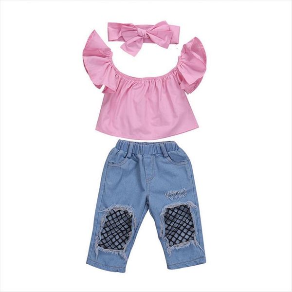 us stock 3pcs baby kids girls clothes sets off shoulder t shirts denim pants hole jeans outfits set clothing, White
us stock 3pcs baby kids girls clothes sets off shoulder t shirts denim pants hole jeans outfits set clothing, White