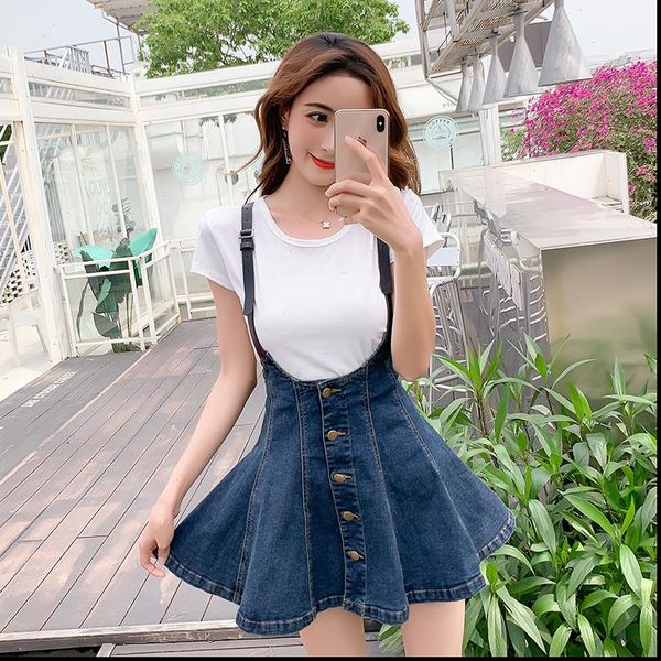 women high waist suspender denim skirts adjustable strap a line mini denim skirt single breasted student overall pleated faldas, Black
women high waist suspender denim skirts adjustable strap a line mini denim skirt single breasted student overall pleated faldas, Black