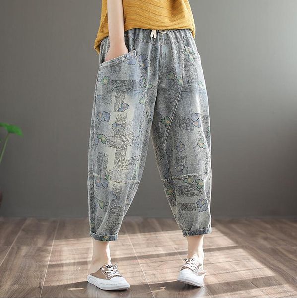 women's jeans spring women retro print loose pockets washed vintage bleached elastic waist drawstring female full-length hare pants tid, Blue
women's jeans spring women retro print loose pockets washed vintage bleached elastic waist drawstring female full-length hare pants tid, Blue