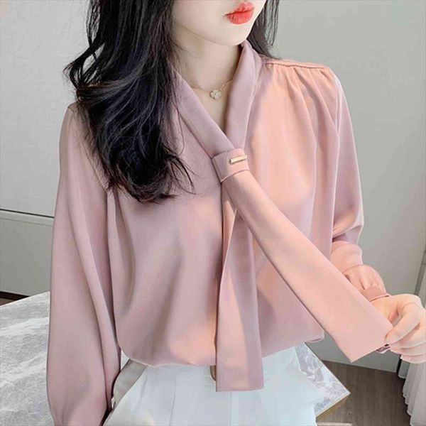 blusas mujer de moda womens shirts v neck office long sleeve chiffon shirt d407, White