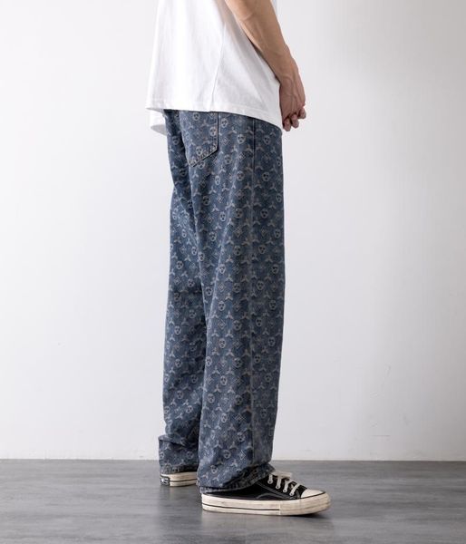 men's jeans american retro jacquard summer thin street ruffian handsome loose leg pants straight tube drop feeling mop, Blue 
men's jeans american retro jacquard summer thin street ruffian handsome loose leg pants straight tube drop feeling mop, Blue