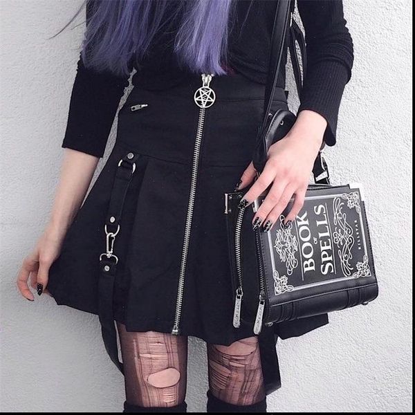 women mini skirts punk gothic hip club aline high waist solid zipper button rock summer female goth skirt, Black