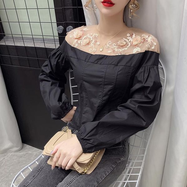 women's blouses & shirts simple 2021 autumn mesh stitching perspective sequined long-sleeved shirt is thin temperament flower embro, White
women's blouses & shirts simple 2021 autumn mesh stitching perspective sequined long-sleeved shirt is thin temperament flower embro, White