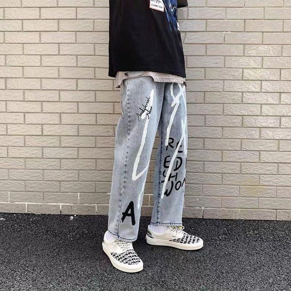 men's jeans printed men trousers 2021spring autumn hong kong style street hip-hop trend high waist casual loose straight-leg pants, Blue
men's jeans printed men trousers 2021spring autumn hong kong style street hip-hop trend high waist casual loose straight-leg pants, Blue