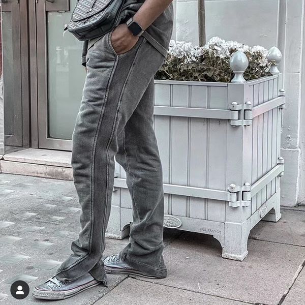 new 2021 ankle split side striped casual pants mens drawstring oversize solid washed baggy sweatpants high street loose trousers vpgp, Black