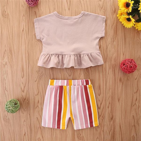 clothing sets 2021 2 pcs infant summer outfits, baby girls rainbow & letter print short sleeve round neck ruffle t-shirt + striped shorts, White 
clothing sets 2021 2 pcs infant summer outfits, baby girls rainbow & letter print short sleeve round neck ruffle t-shirt + striped shorts, White
