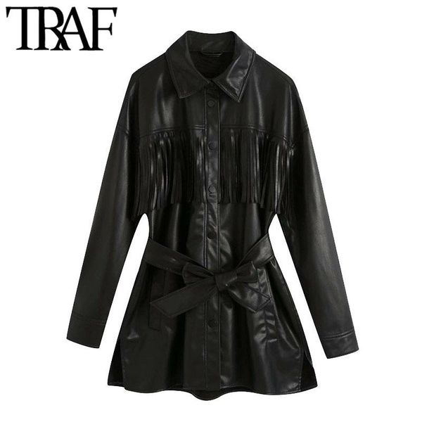 women's leather & faux traf women fashion with belt tassel jacket coat vintage long sleeve snap-button female outerwear chic, Black
women's leather & faux traf women fashion with belt tassel jacket coat vintage long sleeve snap-button female outerwear chic, Black