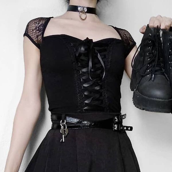 dark academia fashion lace patchwork crop for women gothic punk style front bandage skinny black 90s tee shirt, White
dark academia fashion lace patchwork crop for women gothic punk style front bandage skinny black 90s tee shirt, White