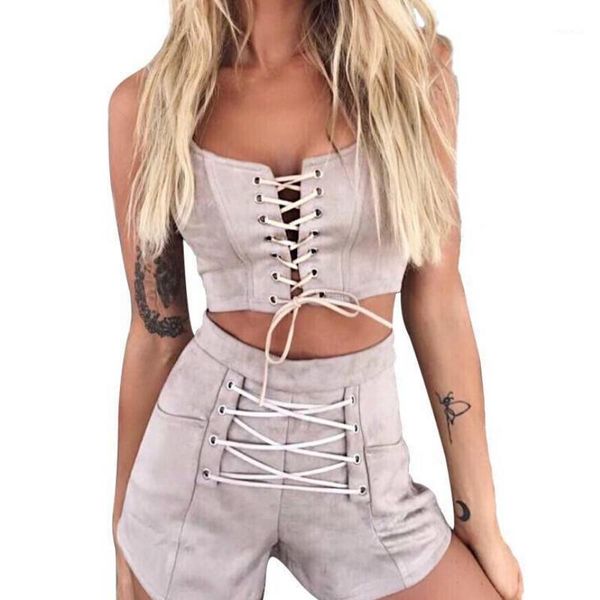 women 2 piece outfits sleeveless camis lace up crop short pants summer two set clothing women's tracksuits, Gray 
women 2 piece outfits sleeveless camis lace up crop short pants summer two set clothing women's tracksuits, Gray