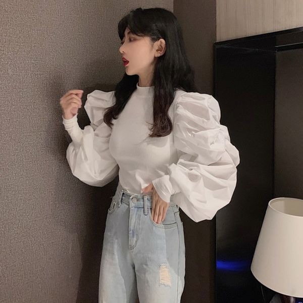 2021 korea autumn new vintage solid lantern sleeve stand shirt patchwork knitted women blouses fashion 47ai, White;black
2021 korea autumn new vintage solid lantern sleeve stand shirt patchwork knitted women blouses fashion 47ai, White;black